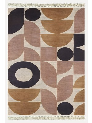 Kilim Home Cotton 68 Pudra Camel ve Siyah Pastel Geometrik Desenli Dokuma Kilim