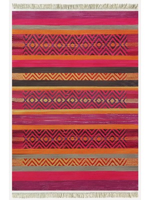 Kilim Home Cotton Kilim 8 Fuşya Multy Tonunda Geometrik Desenli Dekoratif Yıkanabilen Dokuma Taban Kilim