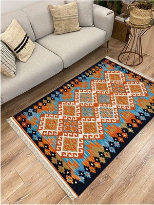 Kilim Home Cotton Serisi Hardal Tonlarında Bordür Desenli Dekoratif Dokuma Taban Kilim