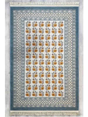 Kilim Home Mavi Dokuma Bohem Kilim Etnik Çiçekli Motif Desen Li Vintage Kilim Yıkanabilir Cotton Kilim 3724