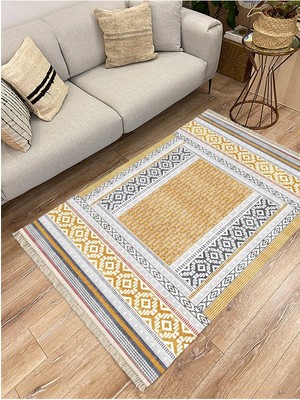 Infort Cotton Serisi Sarı Yunan Motifli Eskitme Antik Otantik Desen Dekoratif Dokuma Taban Kilim