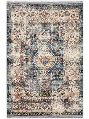Kilim Home Mars 2162 Krem ve Mavi Tonlarında Klasik Eskitme Desen Saçakli Dekoratif Halı