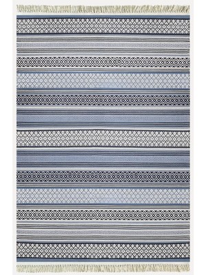 Kilim Home Cotton Kilim 9 Mavi Tonunda Geometrik Desenli Dekoratif Yıkanabilen Dokuma Taban Kilim