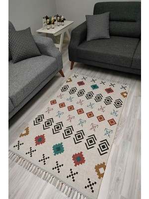 Kilim Home Cotton Serisi Multy Tonlarında Geometrik Eskitme Desenli Dekoratif Dokuma Taban Kilim