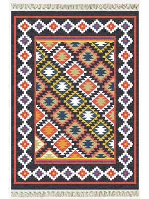 Kilim Home Cotton Kilim 42 Lacivert Zeminli Geneleksel Motifler Modern Dekoratif Yıkanabilen Dokuma Kilim