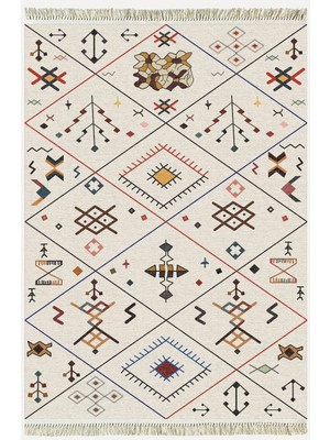 Kilim Home Cotton Serisi Krem Tonlarında Geometrik Desenli Dekoratif Dokuma Taban Kilim
