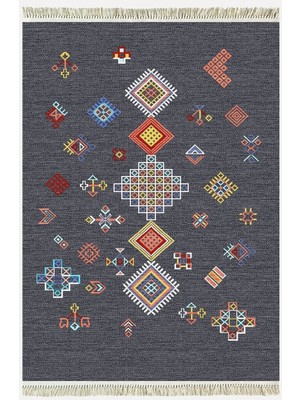 Kilim Home Cotton Kilim 54 Füme Zemin Geleneksel Motifler Modern Dekoratif Saçaklı Yıkanabilen Dokuma Kilim