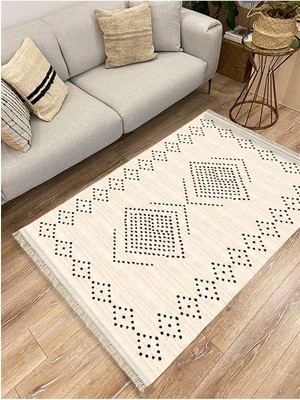 Kilim Home Cotton Serisi Krem Tonlarında Geometrik Eskitme Desen Dekoratif Dokuma Taban Kilim