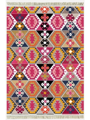 Kilim Home Cotton Serisi Pembe ve Kahverengi Tonlarında Geometrik Desen Dekoratif Dokuma Taban Kilim