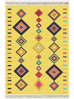 Kilim Home Cotton Serisi Sarı Tonunda Bordürlü Desen Dekoratif Dokuma Taban Kilim