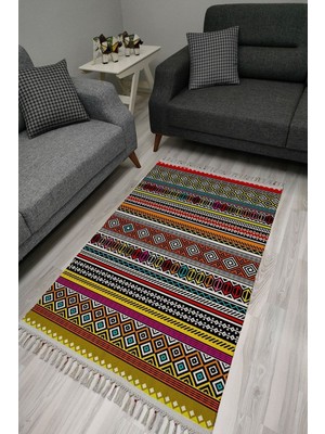 Infort Cotton Serisi Multy Tonlarında Geometrik Otantik Desen Dekoratif Dokuma Taban Kilim