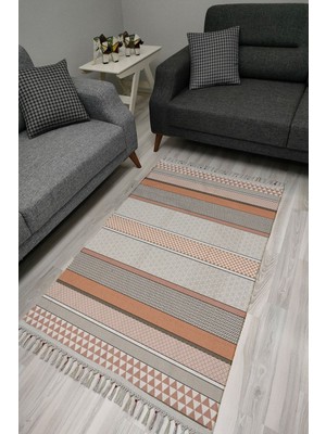 Kilim Home Cotton Serisi Kahve Tonlarında Etnik Desenli Dekoratif Dokuma Taban Kilim