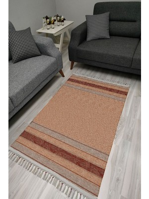 Kilim Home Cotton Serisi Kahve Tonlarında Eskitme Etnik Bördür Desenli Dekoratif Dokuma Taban Kilim