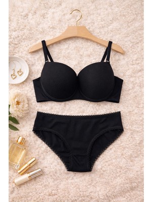 HepimizAlalım Siyah Basic Push Up Sütyen Külot Takımı – Günlük Rahat Toparlayıcı
