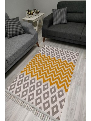 Kilim Home Cotton Serisi Sarı Zikzak ve Gri Baklava Geometrik Desenli Dekoratif Dokuma Taban Kilim