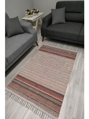 Kilim Home Cotton Serisi Multy Tonlarında Bordürlü ve Ponpon Eskitme Desenli Dekoratif Dokuma Taban Kilim