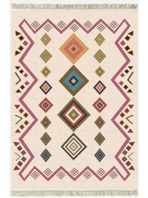 Kilim Home Cotton Serisi Krem Tonunda Geometrik Desenli Dekoratif Dokuma Taban Kilim