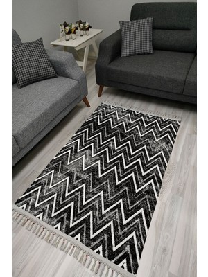 Kilim Home Cotton Serisi Koyu Gri Zikzak Eskitme Desenli Dekoratif Dokuma Taban Kilim