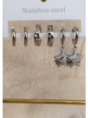 Tuel Yıldız Temalı Silver Paslanmaz Çelik Kadın Çoklu Küpe