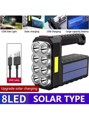 Marsilyan El Feneri 8 Gözlü Şarjlı Solar Usb ve  Güneş Enerjili Şarj Edilebilir Çok Fonksiyonlu Süper Parlak