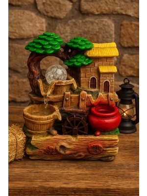 Marsilyan Dekoratif LED Işıklı Şelale ve Köy Evi Biblosu – Masaüstü Su Değirmeni - F