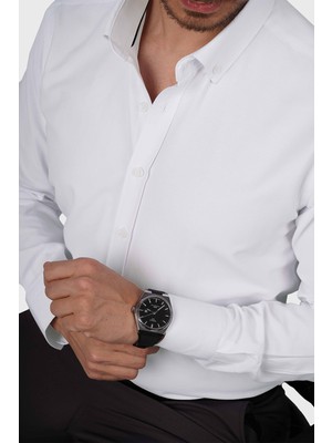 Etikmen Beyaz Yaka Düğmeli Premium Şamre Slimfit Erkek Gömlek