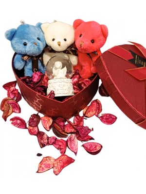 Marsilyan Kalp Kutuda 3 Mini Ayıcık ve Melek Kar Küresi Hediye Kutusu