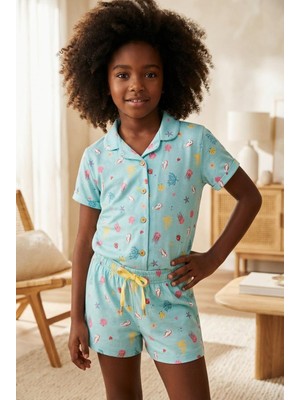 Katia & Bony Kız Çocuk Sea La Vie Denizaltı Desenli Düğmeli Şortlu Pijama Takımı Mavi