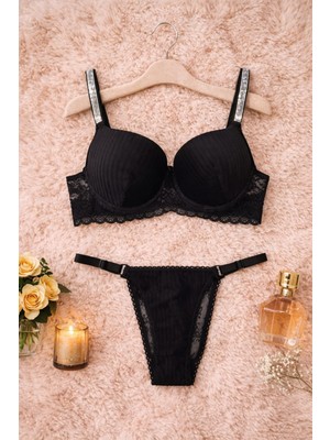 HepimizAlalım Siyah Dantelli Taş Askılı Push Up Sütyen Tanga Takım
