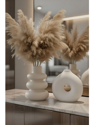 Safir Design Minimalist Iskandinav Tarzı 2’li Beyaz Vazo Seti - Boho Dekoratif Vazo ve Pampas Hediyesi