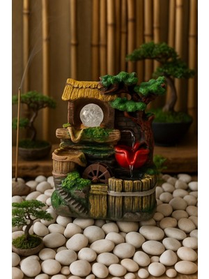 Marsilyan Rustik Köy Evi Temalı LED Işıklı Su Değirmeni Dekoratif Şelale- E