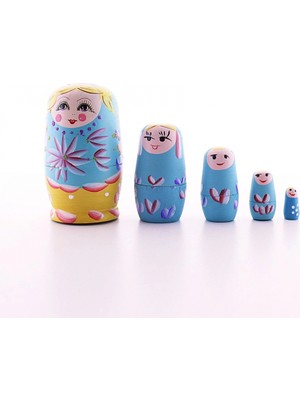 Marsilyan Ahşap Tombul İç İçe Matruşka Bebek Mavi 1 Set 5li Büyük Boy