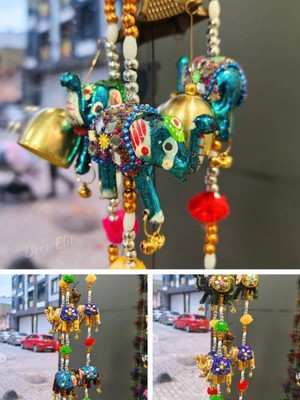 Marsilyan 7 li Aynalı Metal Renkli Fil Figürlü Nazar Bolluk Bereket Süsü Sarkıç Kapı Duvar Süsü 120 cm