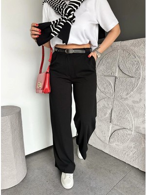 Madame Melek Kadın Yüksek Bel Kemerli Bol Paça Kumaş Pantolon Gri