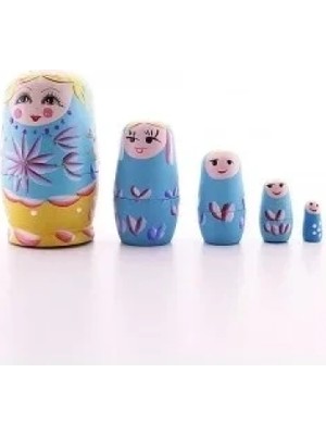 Marsilyan Ahşap Tombul İç İçe Matruşka Bebek Mavi 1 Set 5li Büyük Boy