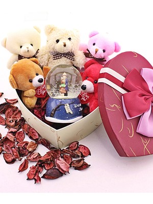 Marsilyan Kalp Hediye Kutusu İçinde Sevgililer Kar Küresi ve 5 Adet Yavru Ayıcık Hediye Seti 01