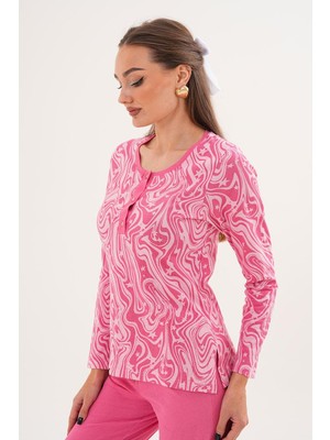 Çift Kaplan Kadın Pamuk Desenli Patlı Pembe Pijama Takımı 7021