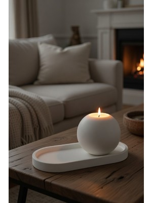 Safir Design Modern Küre Mumluk ve Sunum Tepsisi Seti - El Yapımı Beyaz Dekoratif Mumluk(Mum Hediyeli)