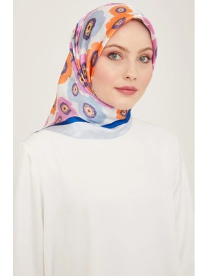Armine Pembe Mavi Çiçek Desen Tivil Ipek Eşarp 9106 - 39