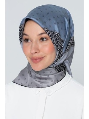 Armine Nostalji Tivil Ipek Eşarp Ist 8113-04 Gri-Mavi Slogan Desen