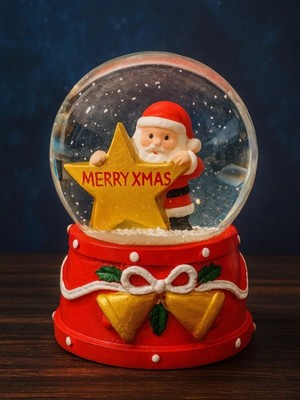 Marsilyan Yılbaşı Temalı LED Işıklı Yıldızlı Noel Baba Kar Küresi 9 cm Orta Boy Yeni Yıl Süsü - 48