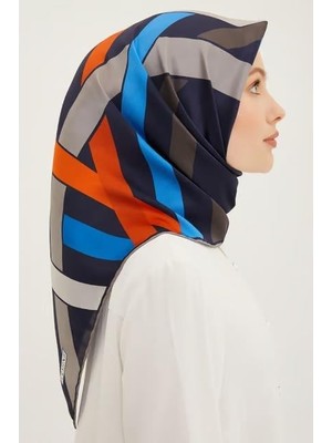 Armine Nostalji Sura Ipek Eşarp Ist 8923-54 Lacivert  Kiremit Geometrik Desen