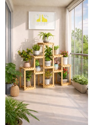 Alan Dekor Natural Doğal Ahşap Dekoratif Çiçeklik Saksılık Balkon Bahçe Standı