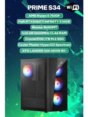 Game Garaj Prime S34 Amd Ryzen 5 7500F 16GB Ram 1tb SSD RTX5060TI 16GB Freedos Oyuncu Oem Paket