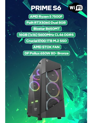 Game Garaj Prime S6 Amd Ryzen 5 7500F 16GB RAM 1TB SSD RTX5060 Freedos Oyuncu OEM Paket