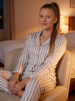 Kadın Pembe ve Gri Çizgili Gömlek Yaka Boydan Düğmeli Penye Pijama Takımı