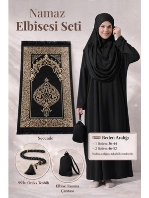 İhvan Tek Parça Namaz Elbisesi - Seccade - Tesbih - Ibadet Seti - Siyah
