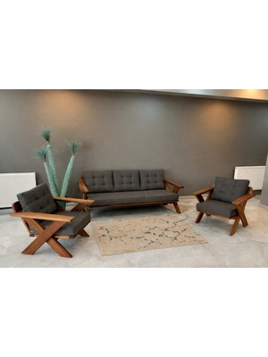 Zerka Concept Verona Masif Ahşap Bahçe Balkon Koltuk Takımı Kestane Ağacı 1 Adet Üçlü 2 Adet Tekli Antrasit Gri