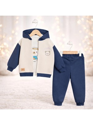 Tiasis Ayı Baskılı Erkek Bebek Üçlü Takım Kapüşonlu
