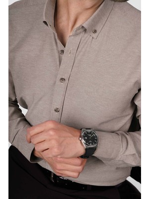 Etikmen Açık Kahve Yaka Düğmeli Premium Şamre Slimfit Erkek Gömlek